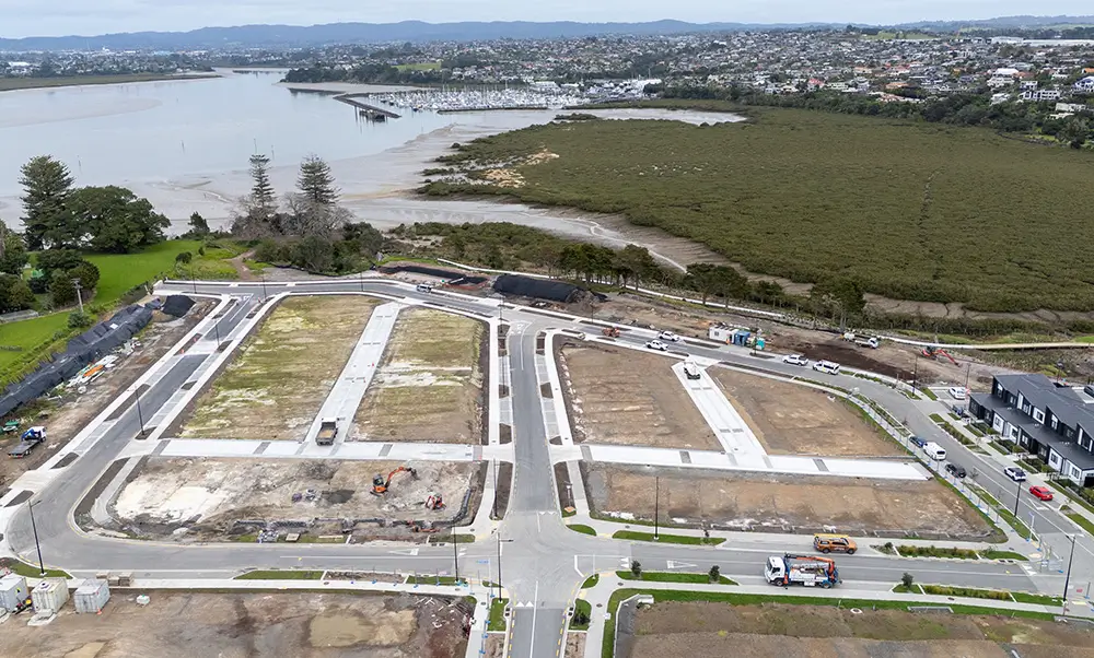 Aerial view of civil work in Scott Point, Hobsonville Point